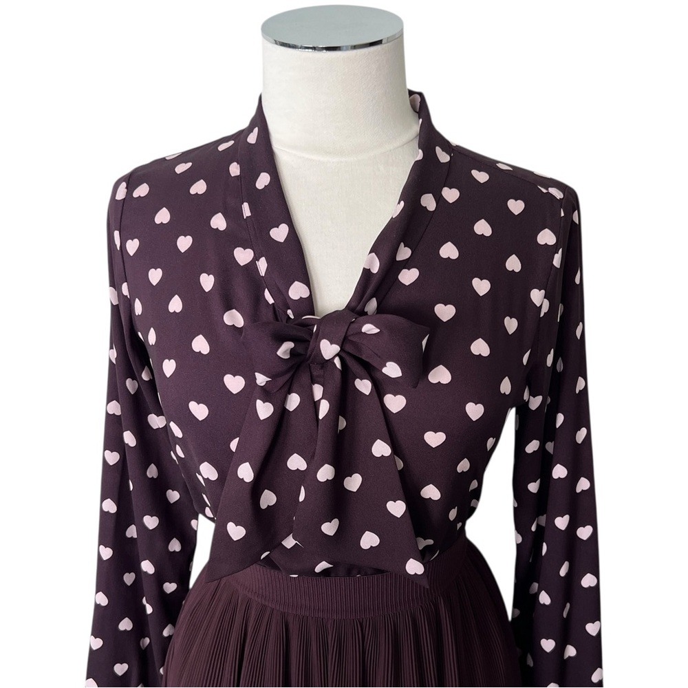 LOFT Heart Print Blouse with Bow Dark Maroon Purple & Light Pink Hearts Sz SP
